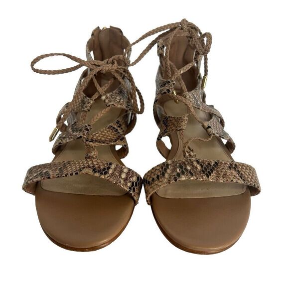 Marc Fisher Tan Snake Skin Print Gladiator Sandals Size 7 Back Zip Flats - Picture 4 of 11